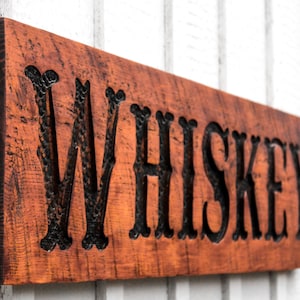 Whiskey Sign - Carved in a Solid Wood Board Rustic Distressed Farmhouse Southern Home Kitchen Restaurant Distillery Saloon Bar Cart Décor
