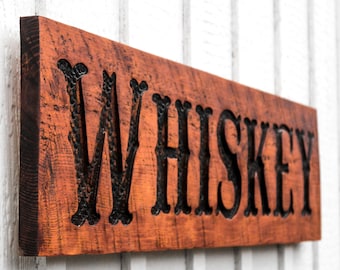 Whiskey Sign - Carved in a Solid Wood Board Rustic Distressed Farmhouse Southern Home Kitchen Restaurant Distillery Saloon Bar Cart Décor