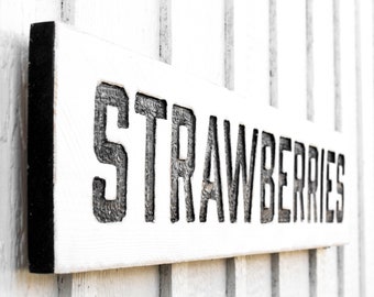 Strawberries Sign - Carved in a 40”x8” Solid Wood Board Rustic Distressed Farmers Market Vintage Style Farmstand Summer Produce Garden Décor