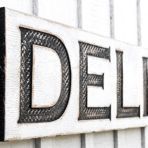 Deli Sign - Carved in a Solid Wood Board Rustic Distressed Farmhouse Style New York Delicatessen Sub Sandwich Restaurant Kitchen Décor