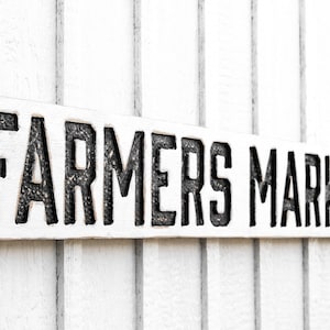 Farmers Market Sign - Carved in a Solid Wood Board Rustic Distressed Shop Modern Farmhouse Style Farm Stand Wooden Produce Garden Gift