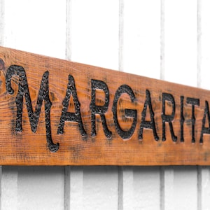 Margaritas Sign - Carved in a 40" x 8" Solid Wood Board Rustic Distressed Farmhouse Kitchen Restaurant Tequila Cocktail Bar Cart Décor