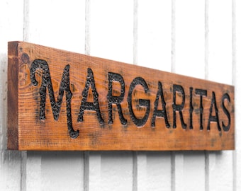 Margaritas Sign - Carved in a 40" x 8" Solid Wood Board Rustic Distressed Farmhouse Kitchen Restaurant Tequila Cocktail Bar Cart Décor
