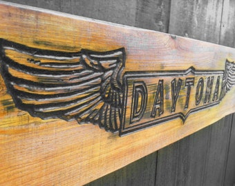 Daytona Sign - Carved in a 40"x10" Solid Wood Board Motorcycle Rally Bike Week NASCAR 500 Biker Garage Man Cave Gift Harley Davidson