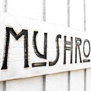 Mushrooms Sign - Carved in a Solid Wood Board Rustic Distressed Fungi Garden Nature Forest Floor Foraging Outdoors Amanita Morel