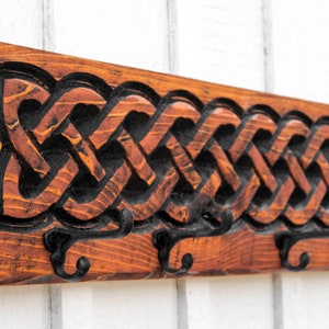 Celtic Knot Coat Hanger - Carved in a 30.5"x8" Solid Wood Board Rustic Modern Entryway Organizer Towel Rack Key Leash Holder Wall Hook Décor