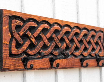 Celtic Knot Coat Hanger - Carved in a 30.5"x8" Solid Wood Board Rustic Modern Entryway Organizer Towel Rack Key Leash Holder Wall Hook Décor