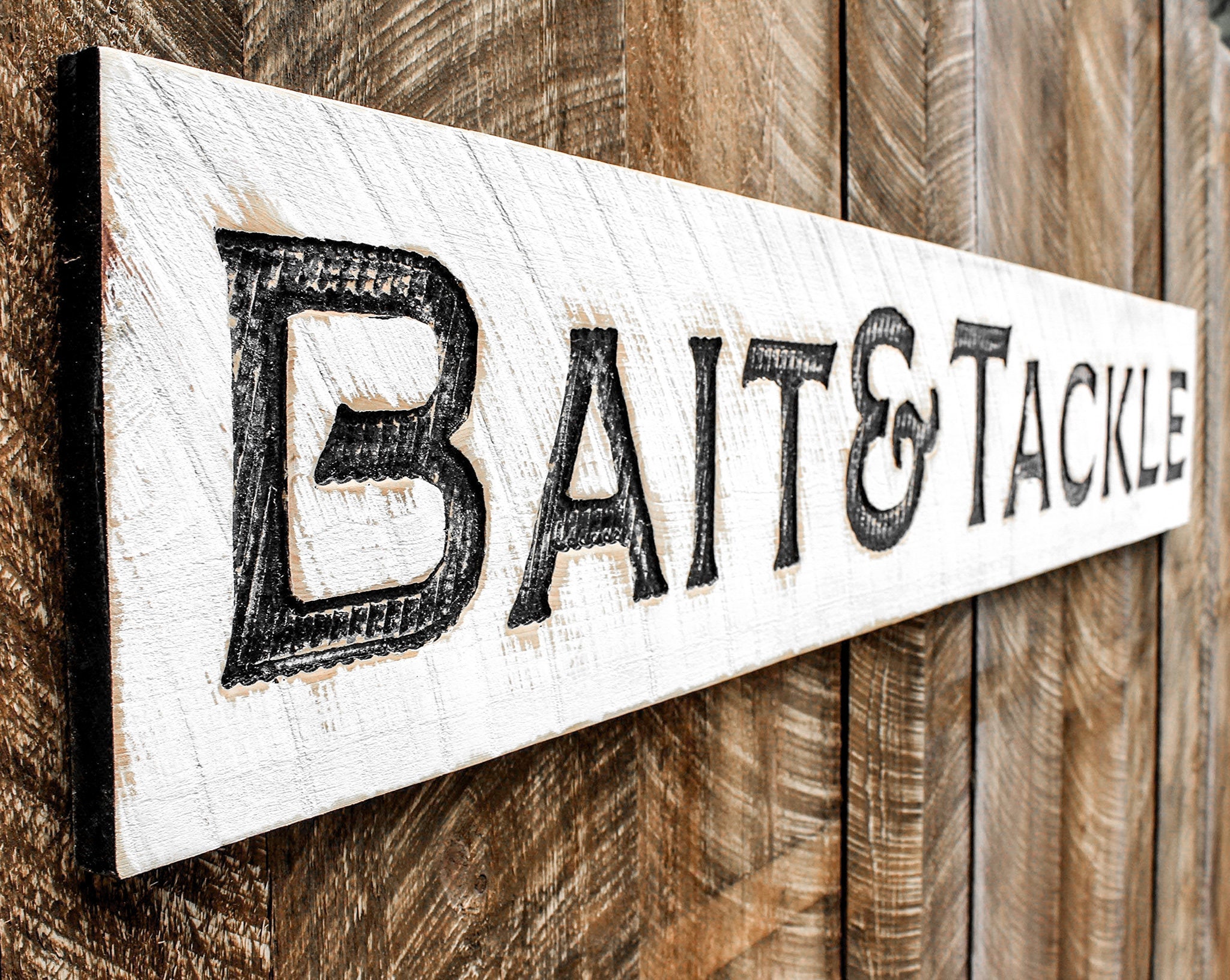 Bait & Tackle Sign - Carved in a Solid Wood Board Rustic Distressed ...