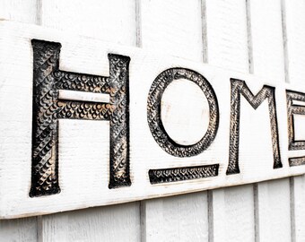 Home Sign - Carved in a Solid Wood Board Rustic Distressed Farmhouse Style Arts & Crafts Kitchen Entryway Wall Décor Wooden Gift