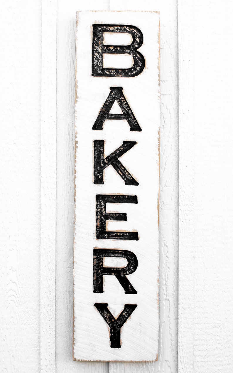 Bakery Sign Vertical Carved in a Solid Wood Board Rustic Distressed Shop Advertisement Farmhouse Style Kitchen Restaurant Café Gift image 2