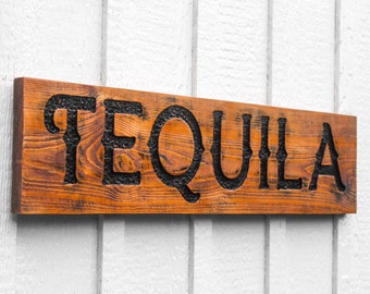 Tequila Sign - Carved in 32"x 8" Solid Wood Board Rustic Distressed Farmhouse Kitchen Restaurant Cocktail Bar Cart Margarita Paloma Décor