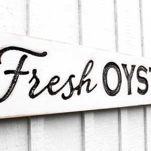 Fresh Oysters Sign - Carved in a 48"x8" Solid Wood Board Rustic Distressed Shop Advertisement Beach House Restaurant Fishmonger Coastal image 1