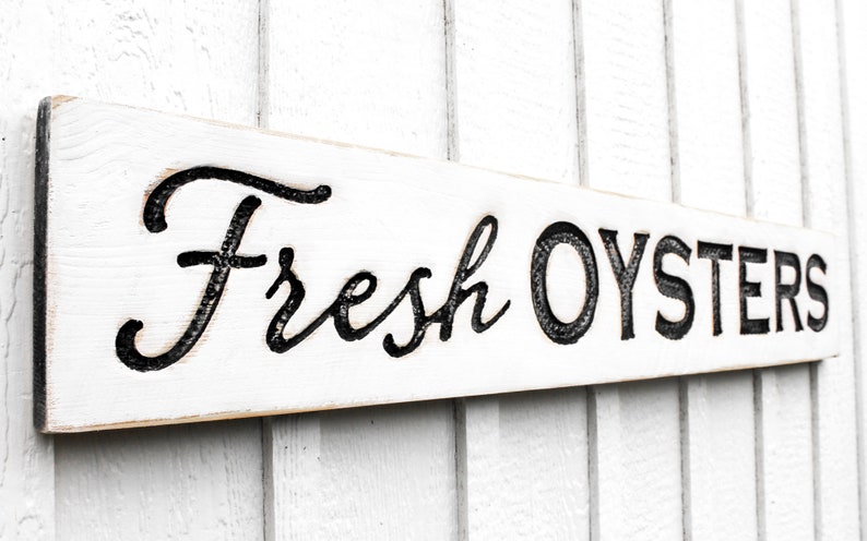 Fresh Oysters Sign - Carved in a 48"x8" Solid Wood Board Rustic Distressed Shop Advertisement Beach House Restaurant Fishmonger Coastal image 1