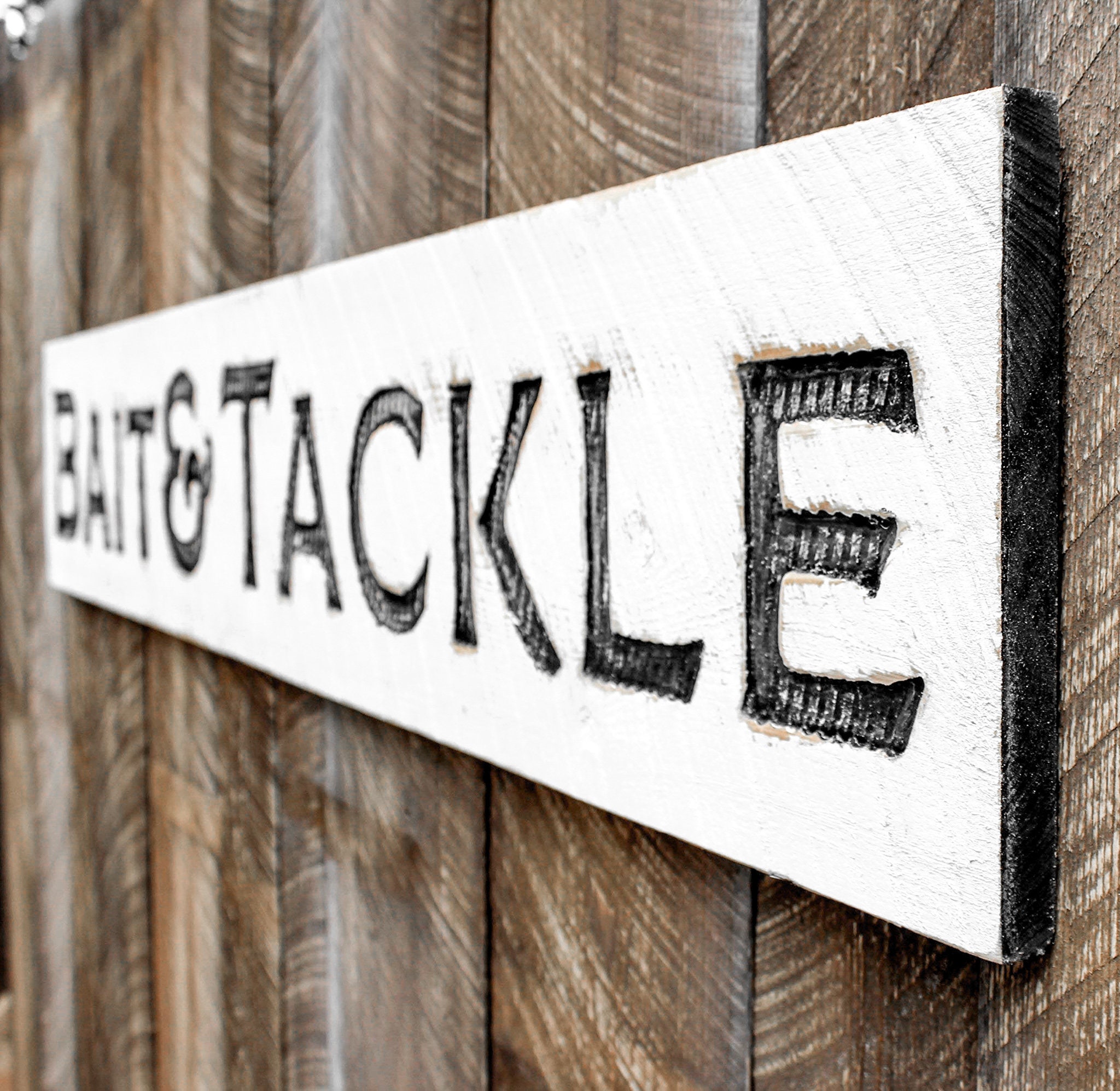Bait & Tackle Sign - Carved in a Solid Wood Board Rustic Distressed ...
