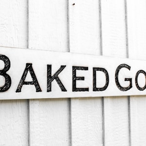 Baked Goods Sign - Carved in a Solid Wood Board Rustic Distressed Farmhouse Style Shop Ad Cookies Pastry Pie Cake Kitchen Bakery Café Décor