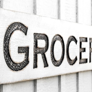 Grocery Sign - Carved in a Solid Wood Board Rustic Distressed Farmhouse Style Produce Kitchen Pantry Décor