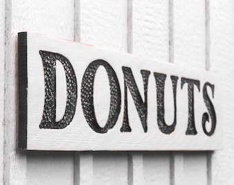 Donuts Sign - Carved in a 32" x 8" Solid Wood Board Rustic Distressed Doughnuts Farmhouse Kitchen Restaurant Coffee Shop Foodie Diner Décor