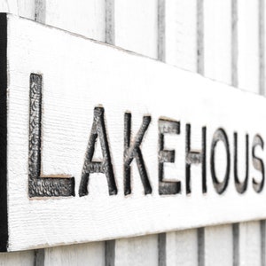 Lakehouse Sign - Carved in a Solid Wood Board Rustic Distressed Farmhouse Summer Cabin Cottage Fixer Upper Style Wooden Gift Entryway Décor