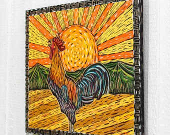 Rooster Wall Art by Kim McCoy - Wooden Painting Folk Art Rustic Chicken Country Living Farmhouse Breakfast Nook Kitchen Wall Décor