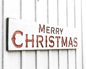 Merry Christmas Sign - Carved in a 48"x10" Solid Wood Board Rustic Distressed Farmhouse Style Porch Entryway Foyer Winter Holiday Décor