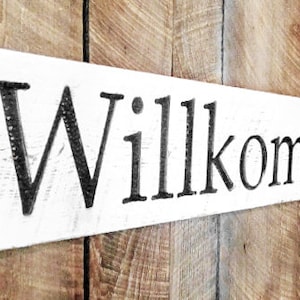 Willkommen Sign - Carved in a 48&quot;x8&quot; Solid Wood Board Rustic Distressed Farmhouse Style Porch Entryway Foyer Kitchen German Welcome