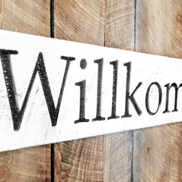 Willkommen Sign - Carved in a 48"x8" Solid Wood Board Rustic Distressed Farmhouse Style Porch Entryway Foyer Kitchen German Welcome