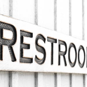 Rustic Carved Wood Restrooms Sign – Farmhouse Bathroom Decor
