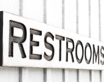 Restrooms Sign - Carved in a Solid Wood Board Rustic Distressed Shop Advertisement Bathroom Restroom Washroom Lavatory Farmhouse Décor