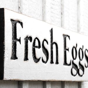 Fresh Eggs Sign - Carved in a Solid Wood Board Rustic Distressed Kitchen Farmhouse Chicken Coop Hen House Farm Stand Gift