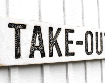 Take-Out Sign - Carved in a 40"x8" Solid Wood Board Rustic Distressed Farmhouse Style Kitchen Restaurant Café Bakery Deli Coffee Shop Décor