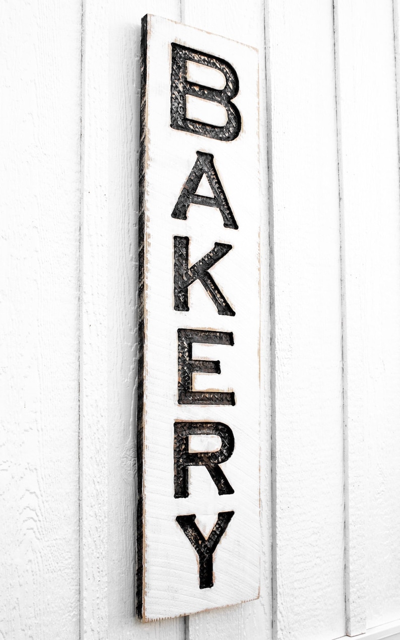 Bakery Sign Vertical Carved in a Solid Wood Board Rustic Distressed Shop Advertisement Farmhouse Style Kitchen Restaurant Café Gift image 1