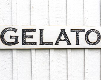Gelato Sign | Carved in a 48" x 10" Solid Wood Board | Rustic Distressed Finish | Italian Food Art | Ice Cream Parlor | Handmade in NC