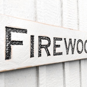 Firewood Sign - Carved in a 32&quot;x 7&quot; Solid Wood Board Rustic Distressed Farmhouse Lakehouse Log Cabin Décor