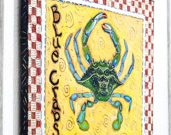 Blue Crab Wall Art by Kim McCoy - Rustic Wooden Hand-Carved Folk Art Nautical Seafood Restaurant Coastal Living Beach House Kitchen Décor