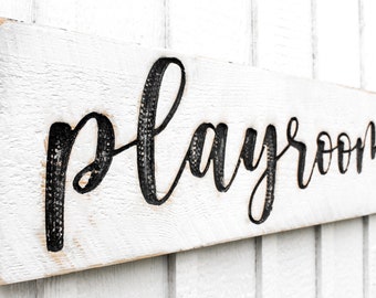 Playroom Sign - Carved in a 40"x10" Solid Wood Board Rustic Distressed Shop Farmhouse Style Kids Bedroom Wooden Gift