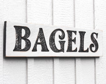 Bagels Sign - Carved in 32" x 8" Solid Wood Board Rustic Distressed Farmhouse Kitchen NYC Deli Coffee Shop Breakfast Food Restaurant Décor