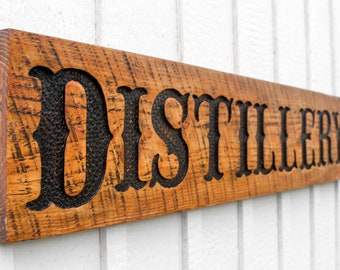 Distillery Sign - Carved in a Solid Wood Board Rustic Distressed Farmhouse Bourbon Whiskey Bar Brewery Western Style Décor