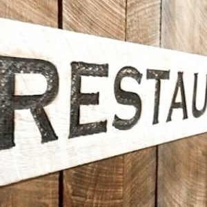 Restaurant Sign - Carved in a Solid Wood Board Rustic Distressed Shop Advertisement Farmhouse Style Kitchen Bakery Café Dining Bar Décor
