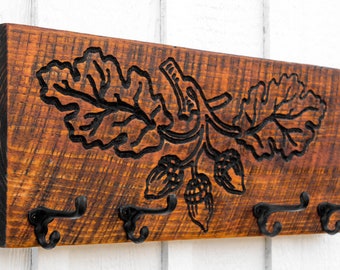 Acorn & Oak Leaf Coat Entryway Organizer - Carved in a 24"x10" Solid Wood Board Coat Hook Bag Key Leash Holder Rustic Modern Bedroom Décor