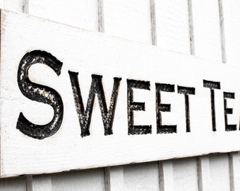 Sweet Tea Sign - Carved in a Solid Wood Board Rustic Distressed Farmhouse Style Iced Tea Beverage Southern Kitchen Restaurant Café Décor