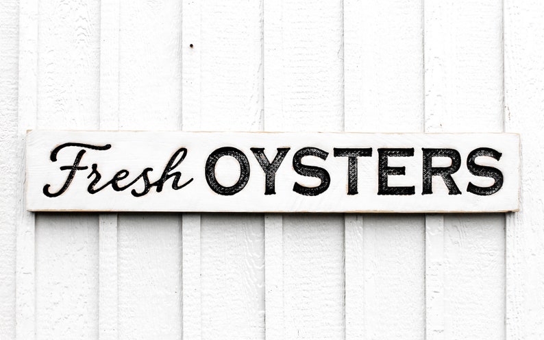 Fresh Oysters Sign - Carved in a 48"x8" Solid Wood Board Rustic Distressed Shop Advertisement Beach House Restaurant Fishmonger Coastal image 2