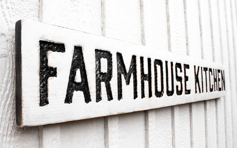 Farmhouse Kitchen Sign - Carved in a Solid Wood Board Rustic Distressed Shop Farmhouse Style Wooden Gift image 1