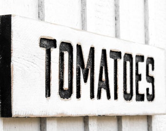 Tomatoes Sign Horizontal - Carved in a 32”x8” Solid Wood Board Rustic Distressed Farmers Market Farmhouse Produce Vegetable Garden Gift