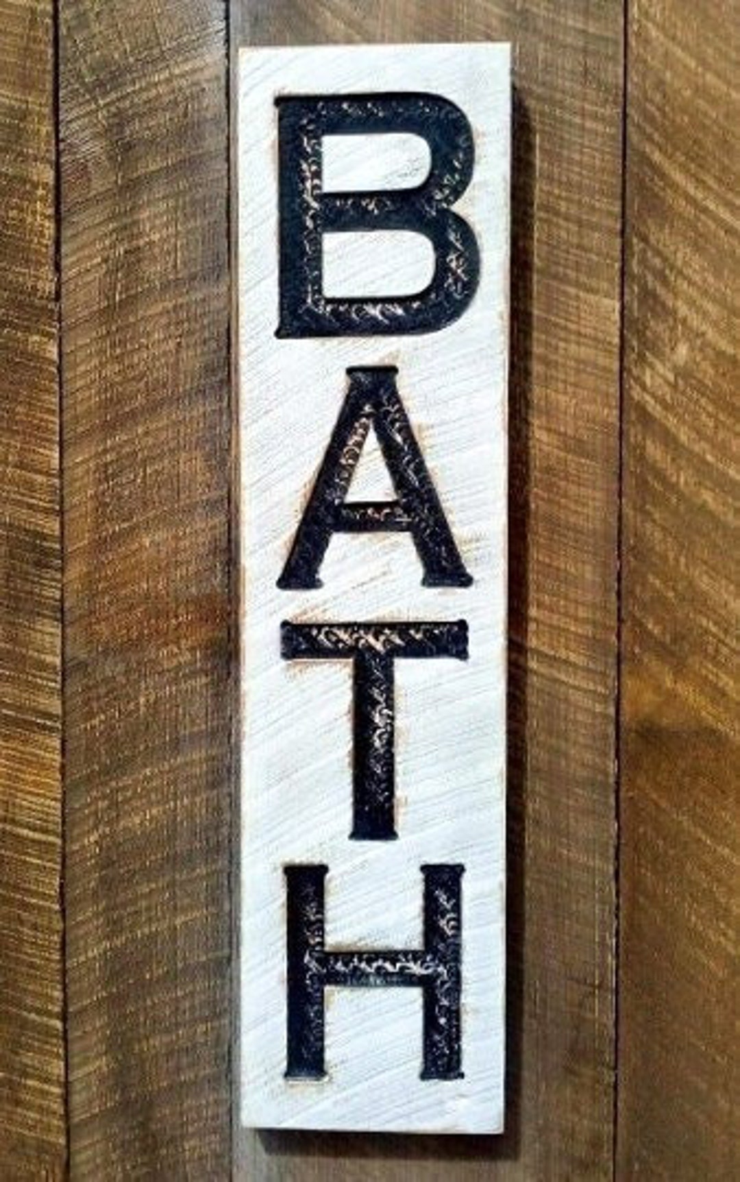 Bath Sign Vertical - Carved in a 32"x8" Solid Wood Board Rustic ...
