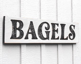 Bagels Sign - Carved in 32" x 8" Solid Wood Board Rustic Distressed Farmhouse Kitchen NYC Deli Coffee Shop Breakfast Food Restaurant Décor
