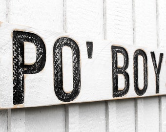 Po' Boys Sign - Carved in a Solid Wood Board Rustic Distressed Farmhouse Style Southern Kitchen Restaurant Café Deli Wooden Wood Gift