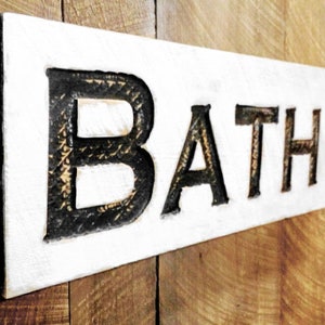 Bath Sign Horizontal - Carved in a 24&quot;x10&quot; Solid Wood Board Rustic Distressed Farmhouse Style Shabby Chic Restroom Bathroom Lavatory Décor