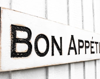 Bon Appetit Sign - Carved in a Solid Wood Board Rustic Distressed French Country Kitchen Restaurant Farmhouse Décor