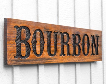 Carved Bourbon Sign – Rustic Distressed Wood Bar Decor