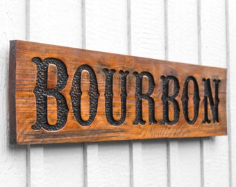 Bourbon Sign - Carved in a 40" x 10" Solid Wood Board Rustic Distressed Farmhouse Kitchen Restaurant Saloon Southern Home Ranch Wall Décor